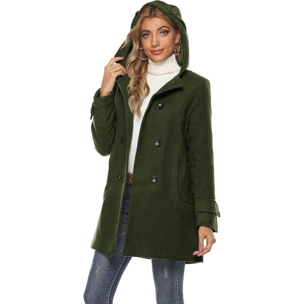 Women's Army Green Winter Warm Double Breasted Wool Trench Coat Jacket With Hood - Picture 2 of 5
